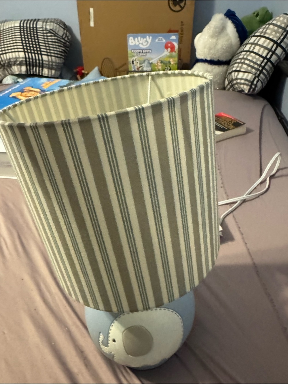Like NEW Babies R Us Blue Elephant Nursery Lamp with Striped Shade. Timeless. - Picture 6 of 8
